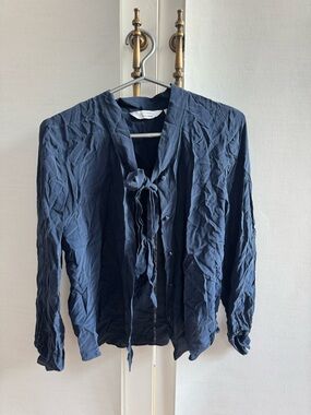 Navy Tie-Neck Blouse